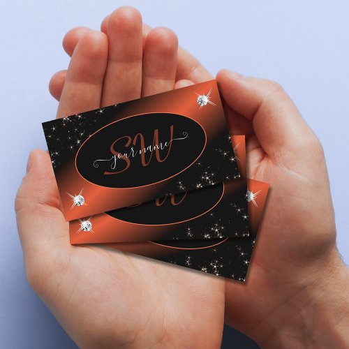 Luxury Black Orange Glitter Stars Jewels Initials Business Card