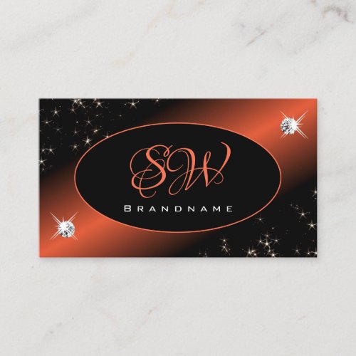 Luxury Black Orange Glitter Stars Jewels Monogram Business Card
