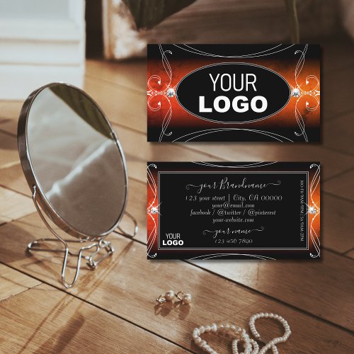 Luxury Black Orange Ornate Sparkle Jewels Add Logo Business Card