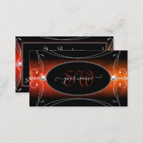 Luxury Black Orange Ornate Sparkle Jewels Monogram Business Card