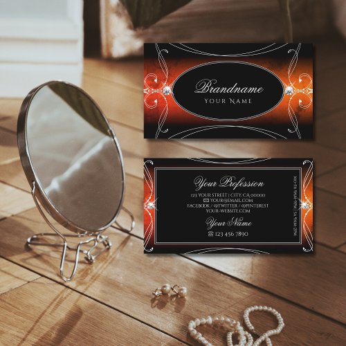 Luxury Black Orange Ornate Sparkle Jewels Stylish Business Card