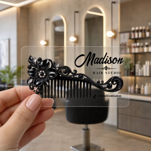 Luxury Black Ornate Comb Hair Stylist Clear Business Cards