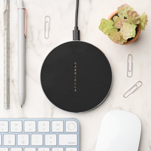 Luxury Black Paper Texture  Gold Vertical Name Wireless Charger