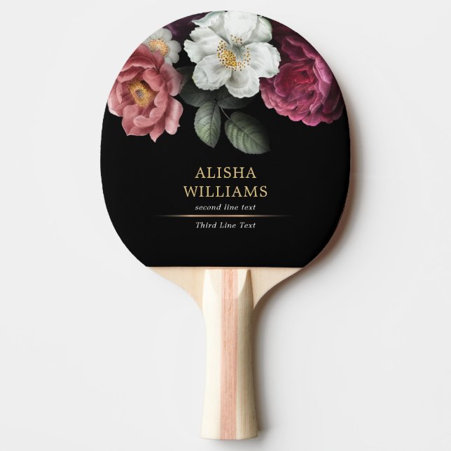 Luxury Black Personalized Floral Ping Pong Paddle (Front)
