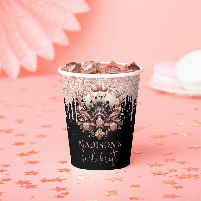 Luxury Black Pink Casino Bachelorette Personalized Paper Cups (Insitu)