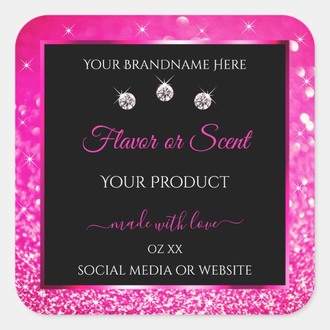 Luxury Black Pink Glitter Product Packaging Labels (Front)