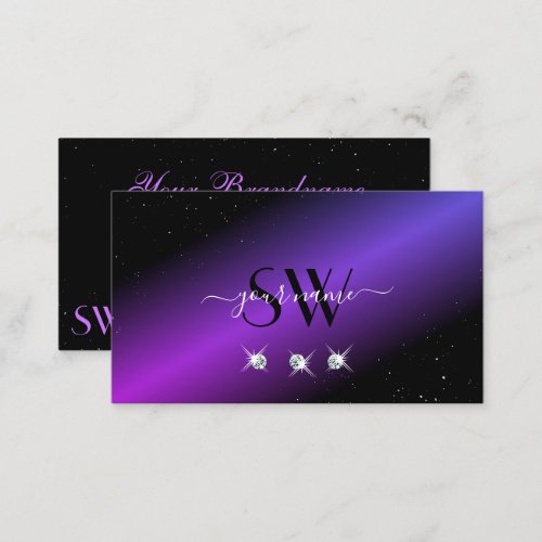 Luxury Black Pink Purple Glitter Stars Monogram Business Card