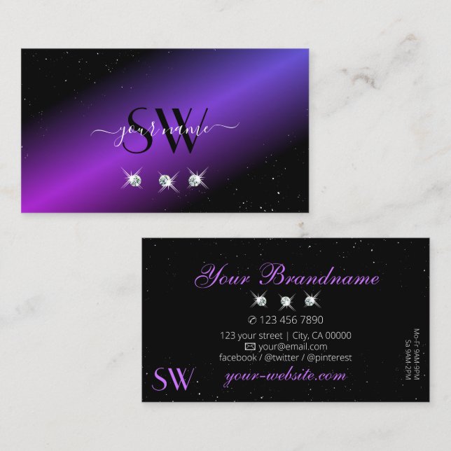 Luxury Black Pink Purple Glitter Stars Monogram Business Card (Front/Back)
