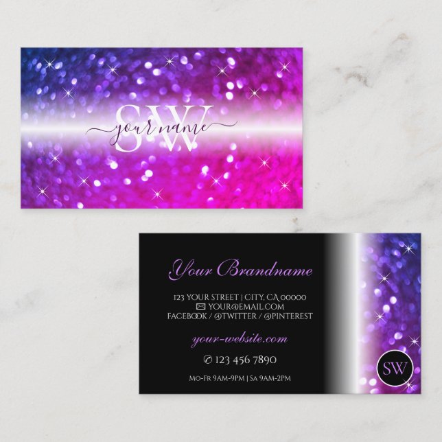 Luxury Black Pink Purple Sparkle Glitter Initials Business Card (Front/Back)
