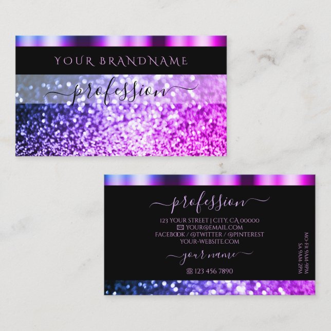 Luxury Black Pink Purple Sparkle Glitter Shimmery Business Card (Front/Back)