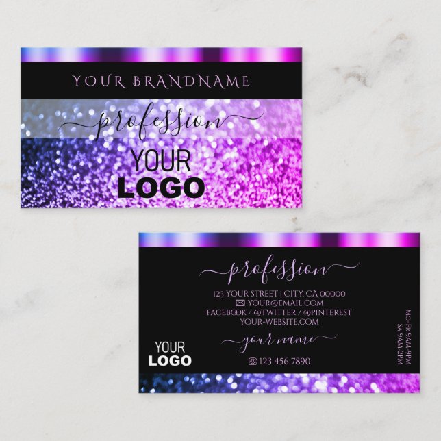 Luxury Black Pink Purple Sparkle Glitter with Logo Business Card (Front/Back)