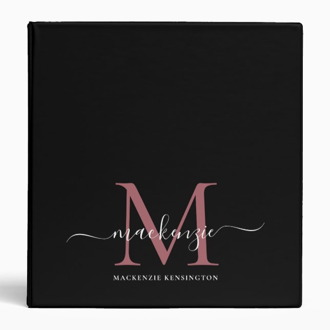 Luxury Black Pink Rose Gold Monogram 3 Ring Binder (Front)