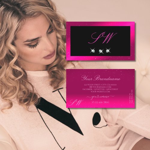 Luxury Black Pink Sparkle Diamonds Monogram Trendy Business Card