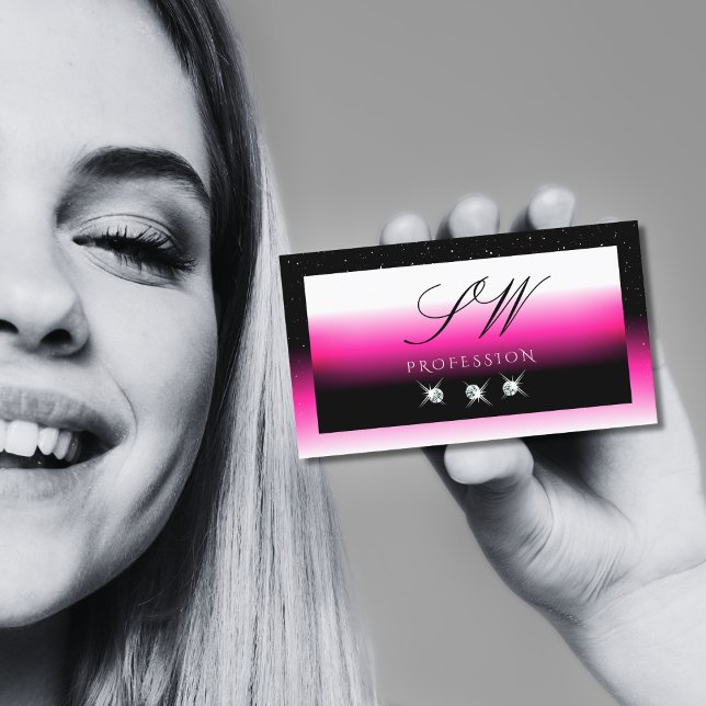Luxury Black Pink White Gradient Monogram Diamonds Business Card (Creator Uploaded)