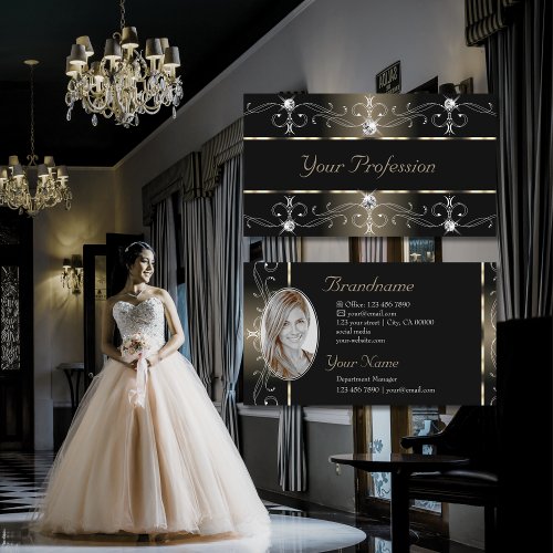 Luxury Black Platinum Ornate with Jewels Add Photo Business Card
