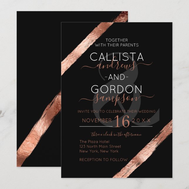 Luxury Black Rose Gold Brushstroke Frame Wedding Invitation (Front/Back)