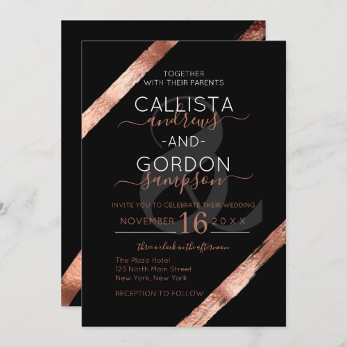 Luxury Black Rose Gold Brushstroke Frame Wedding Invitation