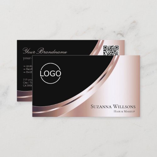 Luxury Black Rose Gold Decor with Logo and QR_Code Business Card