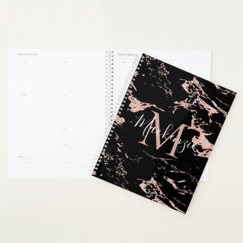 Luxury Black Rose Gold Foil Marble Monogram Planner