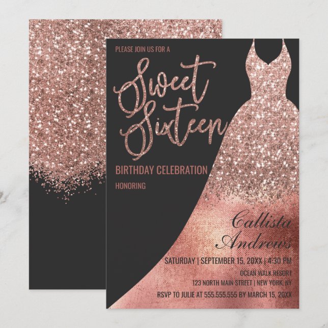 Luxury Black Rose Gold Glitter Dress Sweet 16 Invitation (Front/Back)
