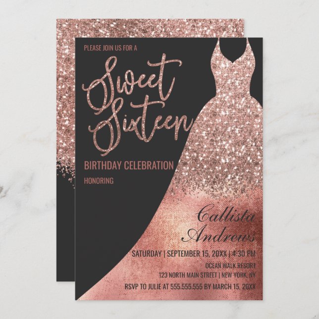 Luxury Black Rose Gold Glitter Dress Sweet 16 Invitation (Front/Back)