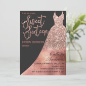 Luxury Black Rose Gold Glitter Dress Sweet 16 Invitation (Standing Front)