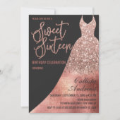 Luxury Black Rose Gold Glitter Dress Sweet 16 Invitation (Front)