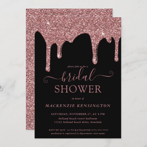 Luxury Black Rose Gold Glitter Drips Bridal Shower Invitation