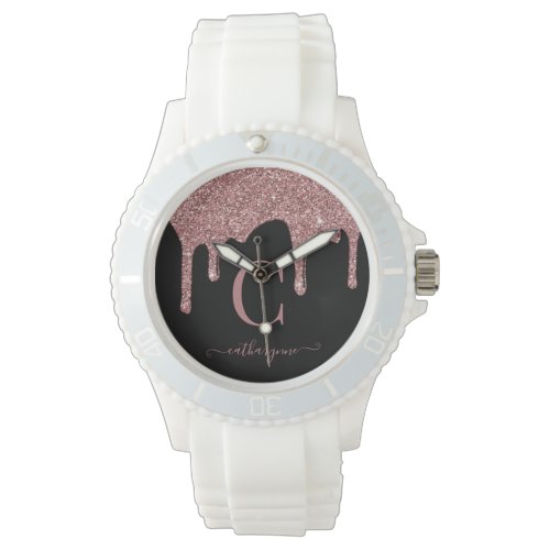 Luxury Black Rose Gold Glitter Drips Monogram Watch