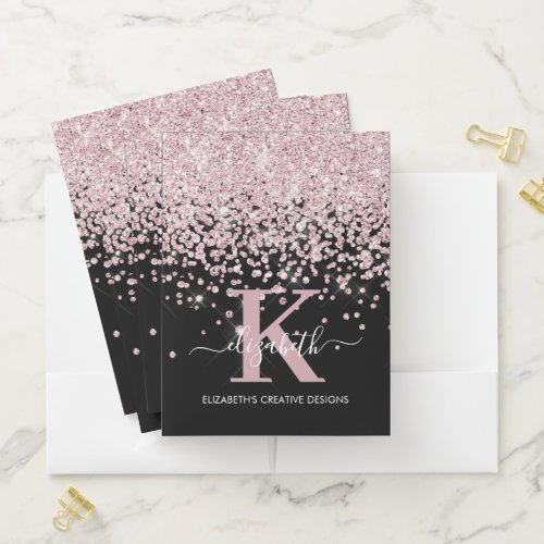 Luxury Black Rose Gold Glitter Monogram Business Pocket Folder