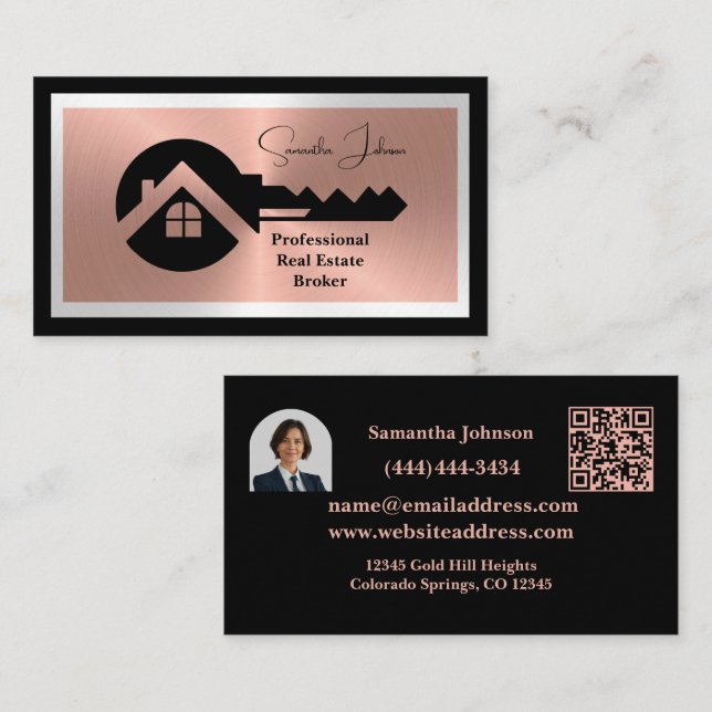Luxury Black & Rose Gold QR Photo Real Estate  Business Card (Front/Back)