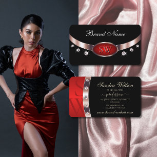 Luxury Black Rose Gold Red with Monogram Diamonds Business Card