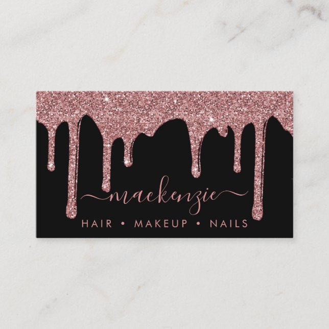 Luxury Black Rose Gold Sparkle Glitter Drips Business Card (Front)