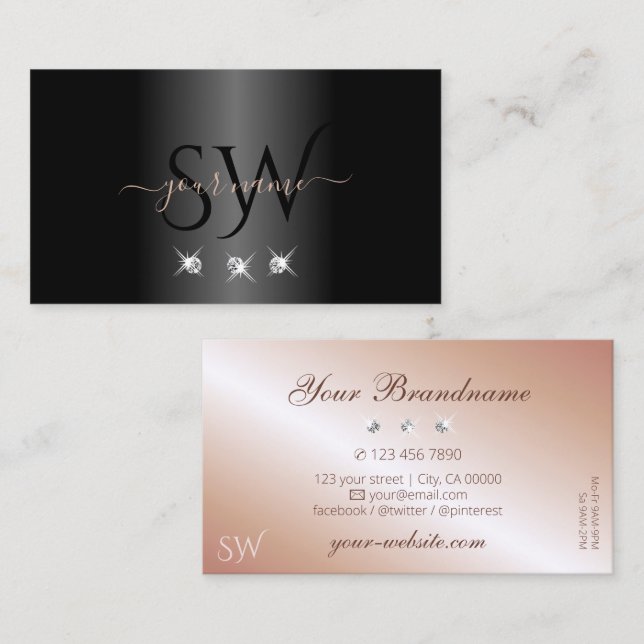Luxury Black Rose Gold Sparkling Diamonds Initials Business Card (Front/Back)