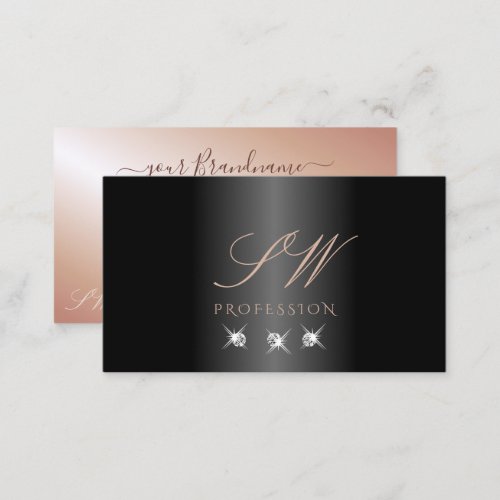 Luxury Black Rose Gold Sparkling Diamonds Monogram Business Card