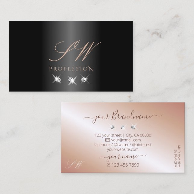 Luxury Black Rose Gold Sparkling Diamonds Monogram Business Card (Front/Back)