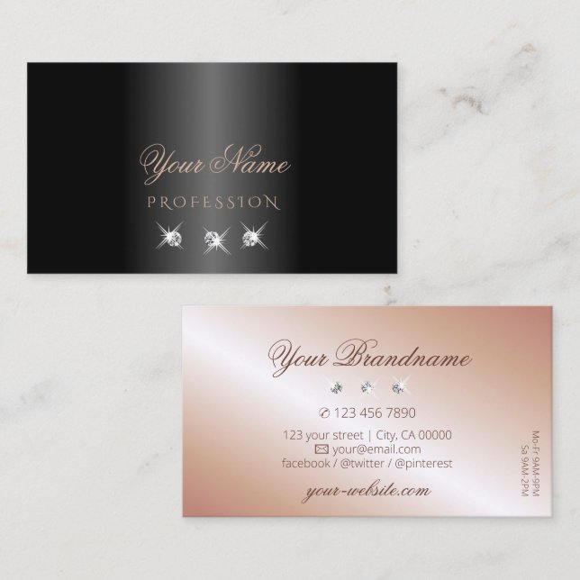 Luxury Black Rose Gold Sparkling Diamonds Stylish Business Card (Front/Back)