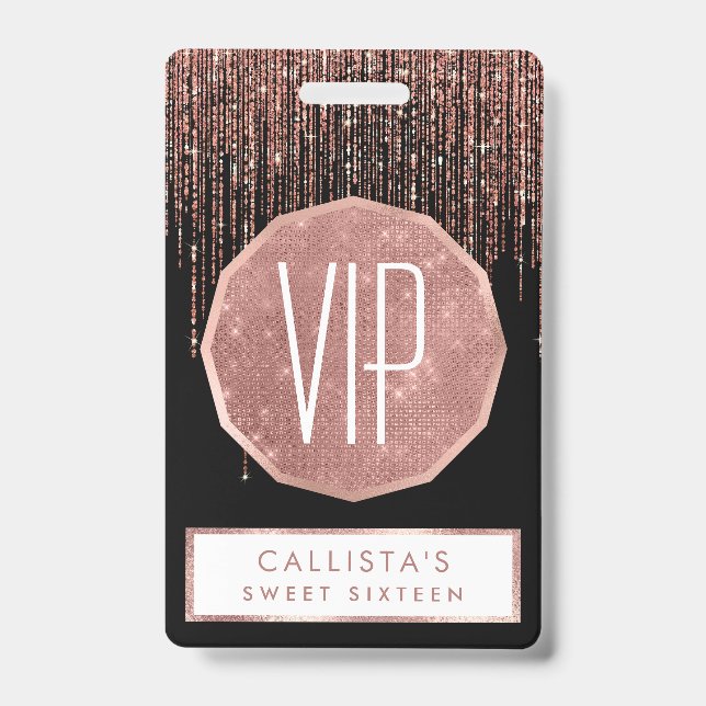 Luxury Black Rose Gold Sparkly Glitter Fringe Badge (Front)