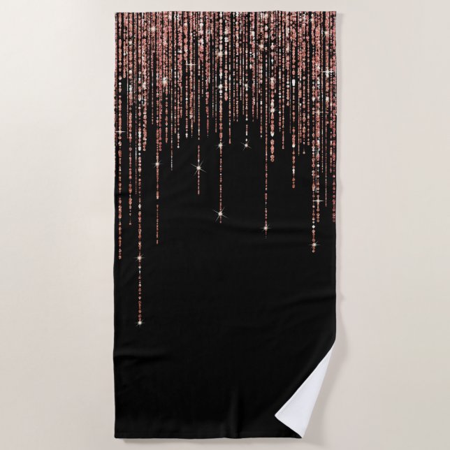 Luxury Black Rose Gold Sparkly Glitter Fringe Beach Towel (Front)