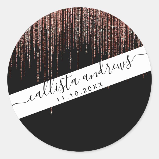 Luxury Black Rose Gold Sparkly Glitter Fringe Classic Round Sticker (Front)