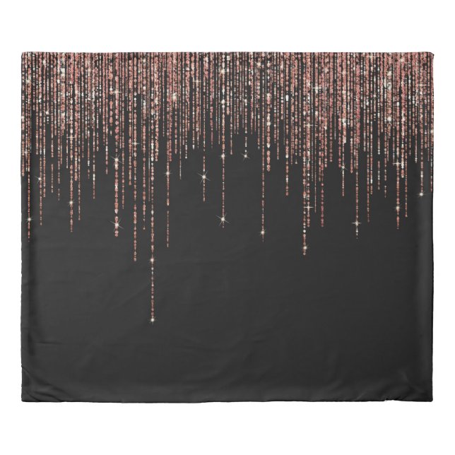 Luxury Black Rose Gold Sparkly Glitter Fringe Duvet Cover (Front)