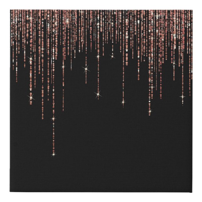 Luxury Black Rose Gold Sparkly Glitter Fringe Faux Canvas Print (Front)