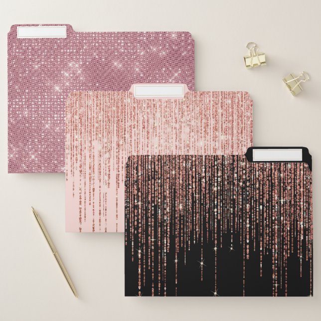 Luxury Black Rose Gold Sparkly Glitter Fringe File Folder (Set)