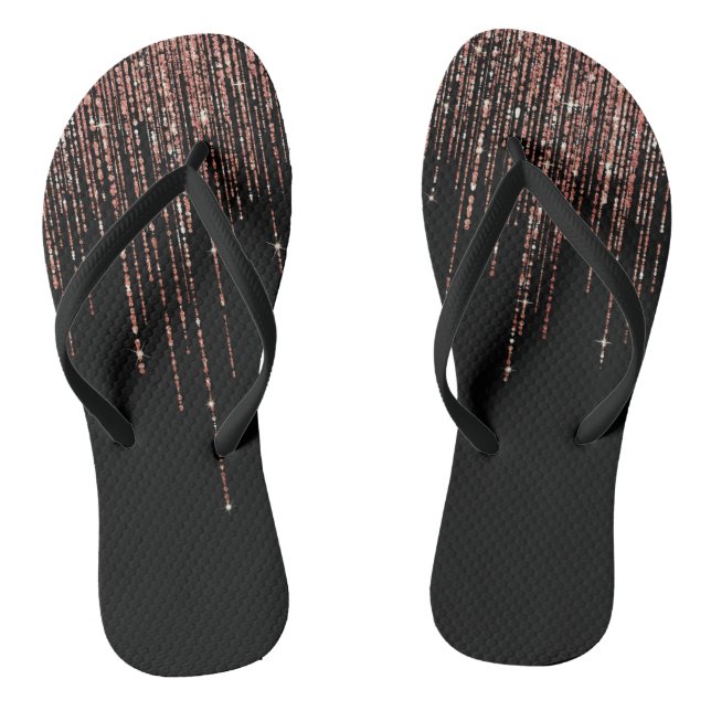 Luxury Black Rose Gold Sparkly Glitter Fringe Flip Flops (Footbed)