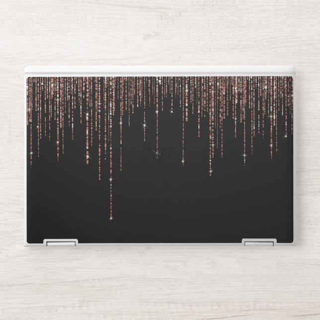 Luxury Black Rose Gold Sparkly Glitter Fringe HP Laptop Skin (Front)