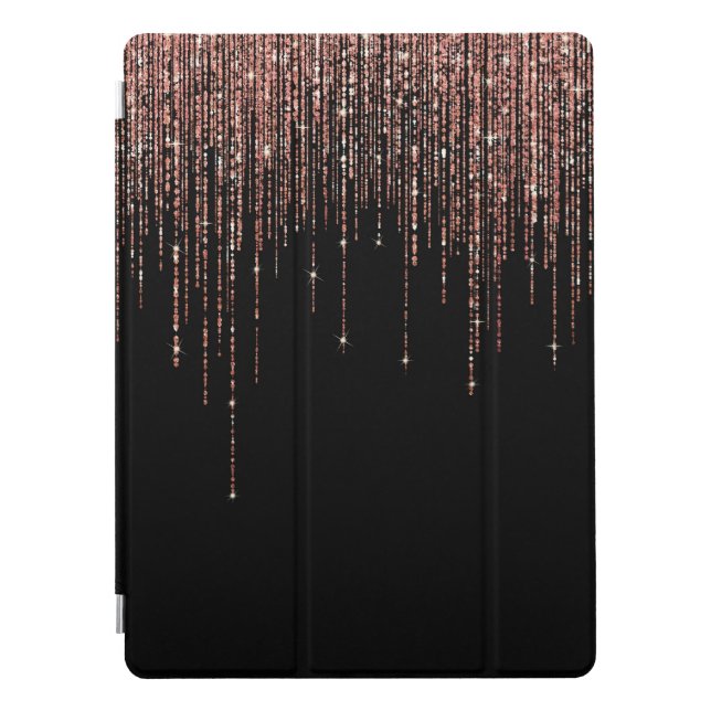 Luxury Black Rose Gold Sparkly Glitter Fringe iPad Pro Cover (Front)