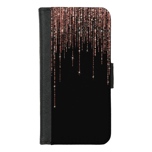 Luxury Black Rose Gold Sparkly Glitter Fringe iPhone Wallet Case (Front)