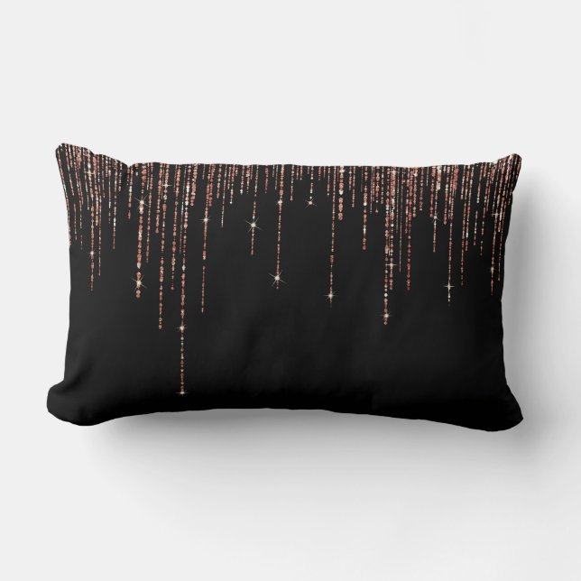 Luxury Black Rose Gold Sparkly Glitter Fringe Lumbar Pillow (Front)