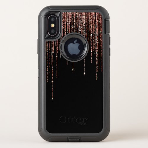 Luxury Black Rose Gold Sparkly Glitter Fringe OtterBox Defender iPhone X Case