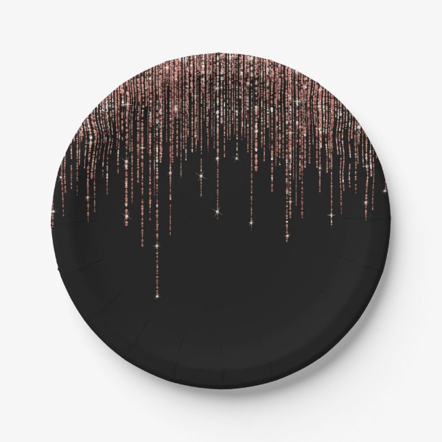 Luxury Black Rose Gold Sparkly Glitter Fringe Paper Plates (Front)